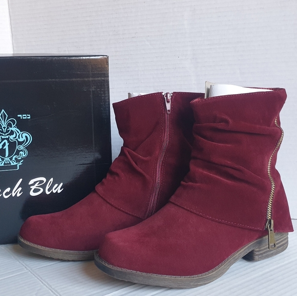 French Blue Americana Burgundy Wine Faux-Suede Ruched Ankle Zip-Up Booties Sz 38 - Picture 8 of 16